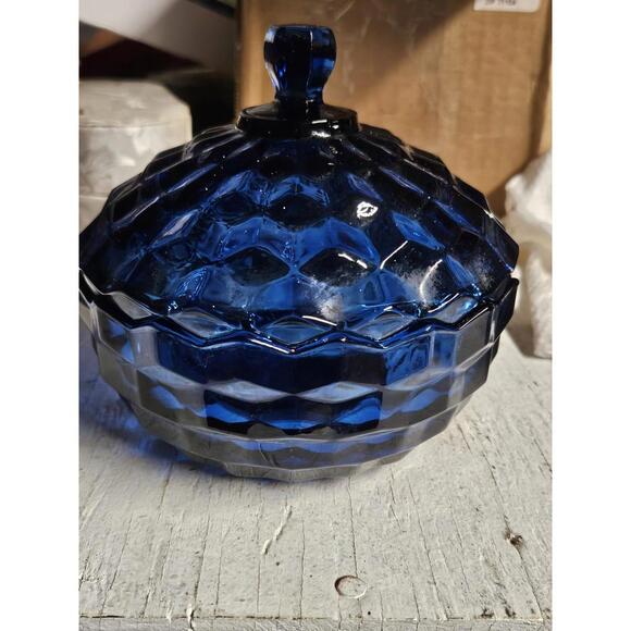 Round Blue Candy Dish With Lid - Picture 2 of 8